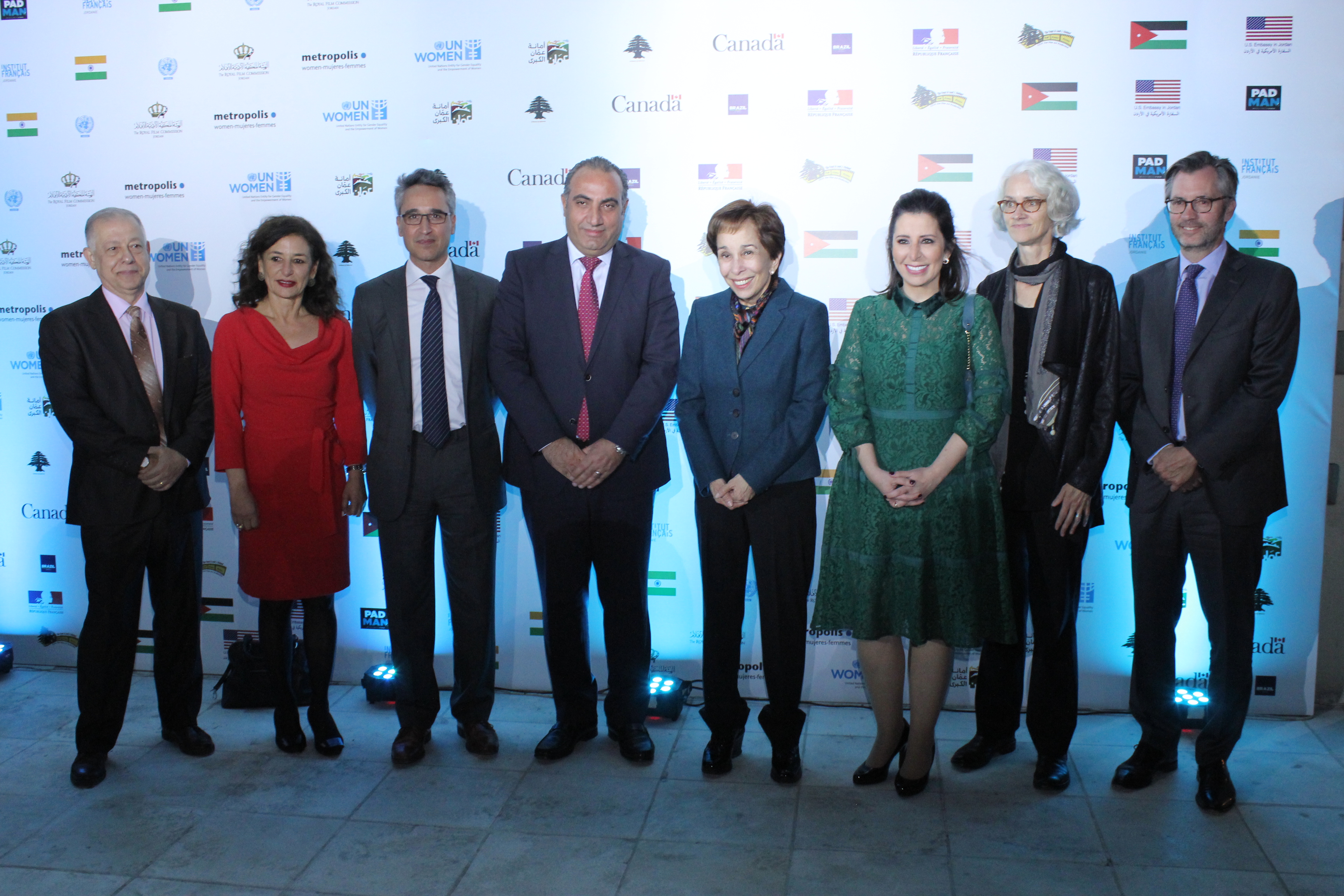 Mr Elie Nimri, Lebanese film producer; Nada Doumani, Royal Film Commission Communication and Cultural Programming Manager; Mr. Ziad Sheikh, UN Women Jordan Country Representative; HE Dr. Yousef Shawarbeh, Mayor of the Greater Amman Municipality; Her Royal Highness Princess Basma Bint Talal; Ghada Saba, Artistic Director; Elizabeth Vibert, Canadian film producer; HE Mr. Peter Macdougall, Ambassador of Canada to Jordan attended the Launch of Women's Film Week 6th Edition.