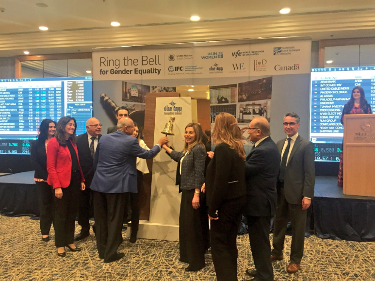  "Ring Bell for Gender Equality” initiative hosted by the Amman Stock Exchange (ASE) and IFC Bank Group in partnership with UN Women Jordan. The day included a host of guest speakers that will commented upon the opportunities for the private sector to advance gender equality and sustainable development, including the ‘Ringing of the Bell. The group of official representatives and partners ‘ringing the bell’ at 10:30am.