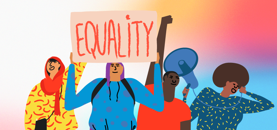 Illustration showing activists holding up a sign that says ""Equality!""